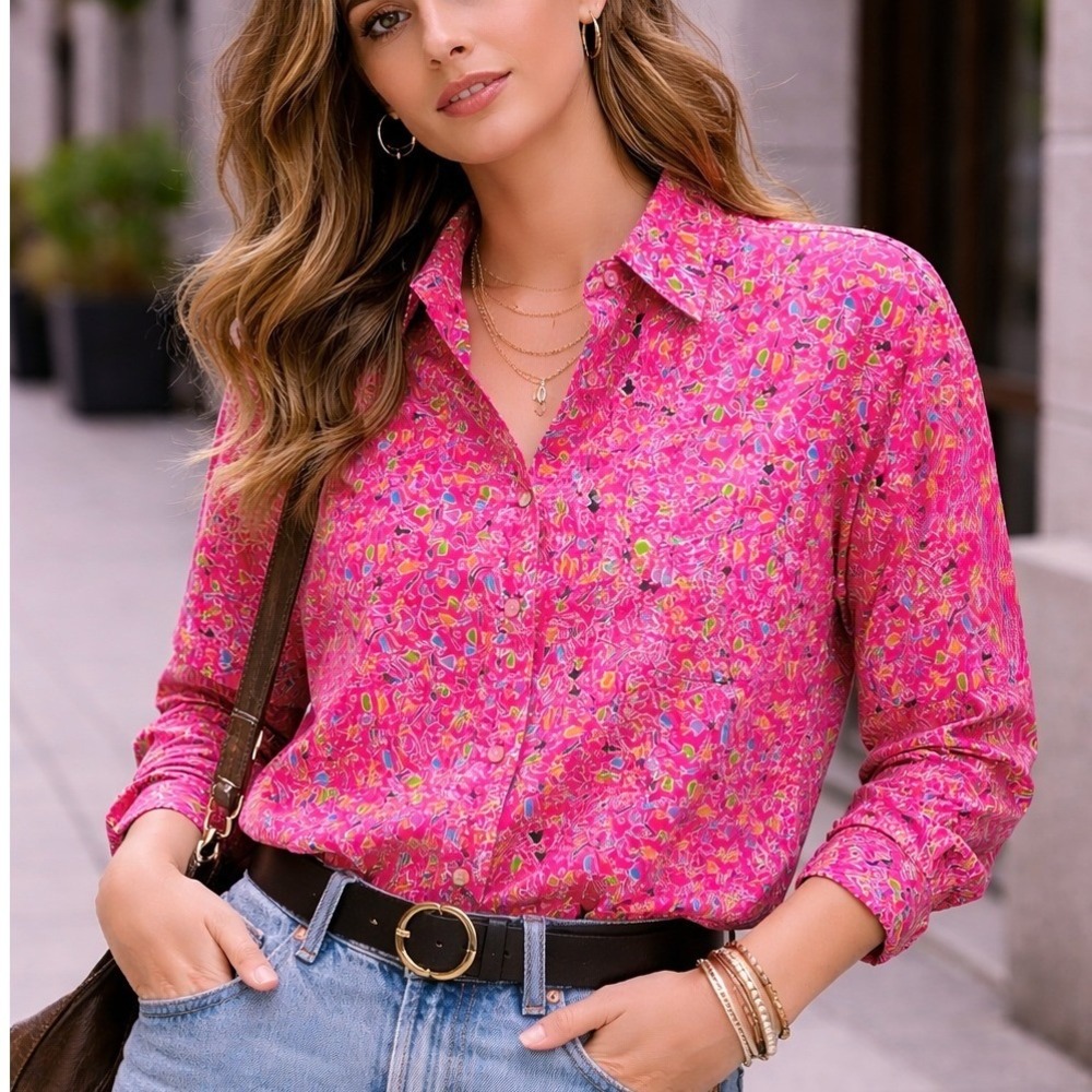 Esprit Sport Vintage 80s Abstract‎ Geometric Print Cotton Button Down Pink S